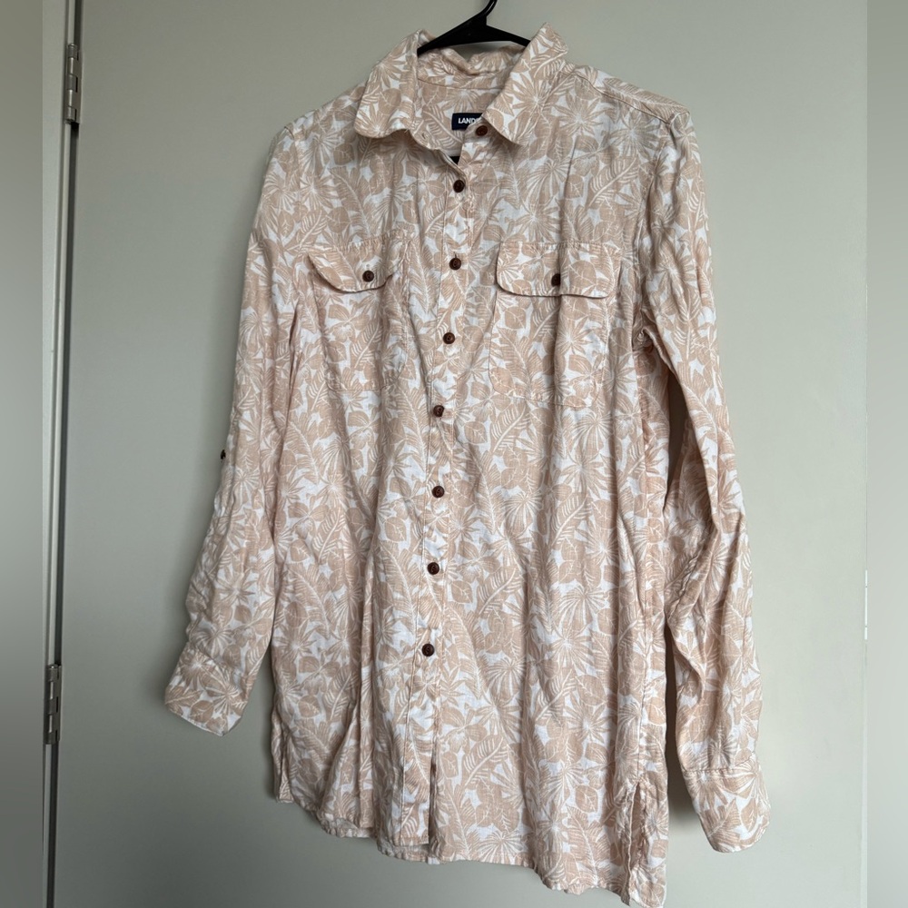 Lands' End Beige Linen Leaf Pattern Shirt